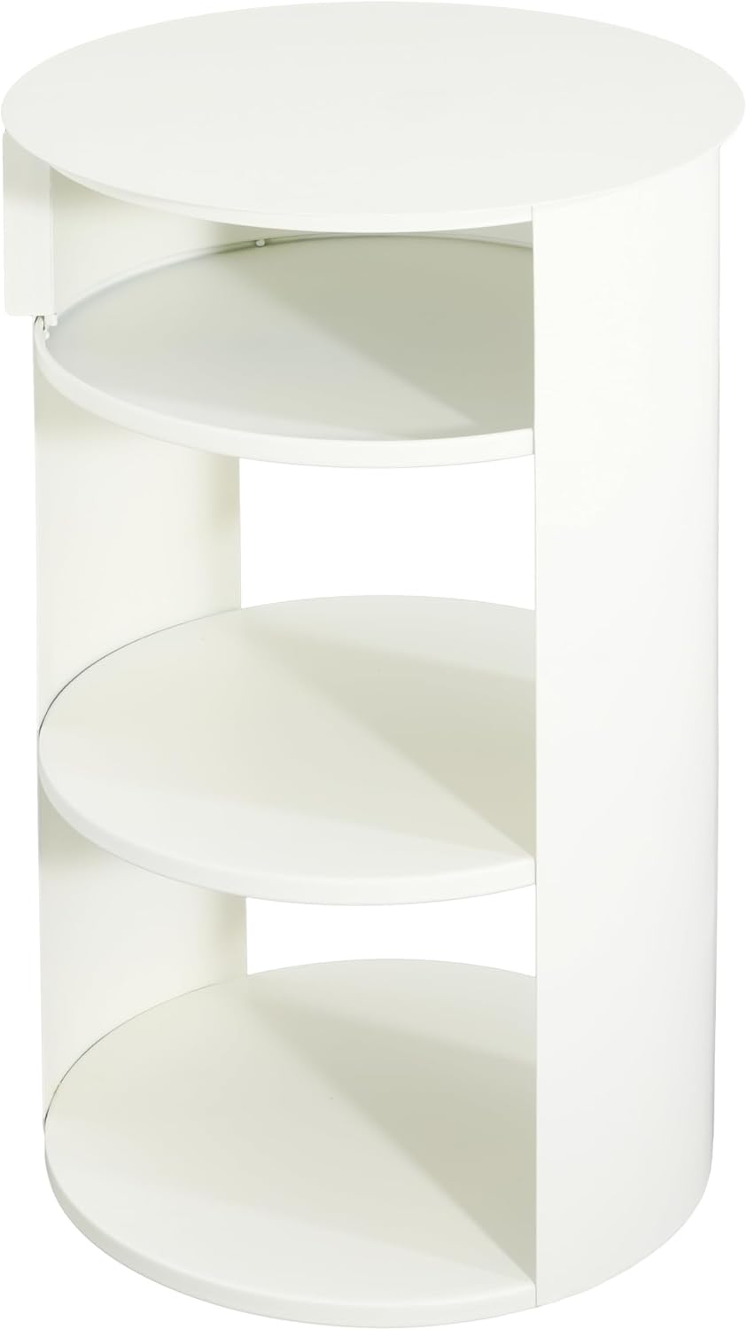 Christopher Knight Home Pomme 3-Tier Metal Small Side Table, Narrow Bedside Table with Sliding Door Cabinet, Bedroom Decoration Organizer, Round End Table with Storage, Space Saving, Matte White