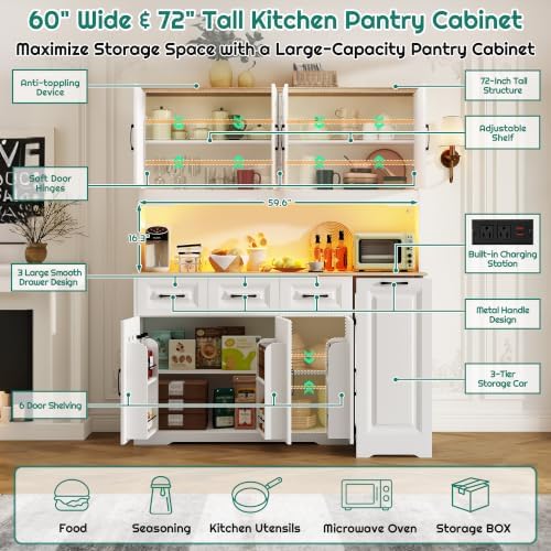 72" Tall 60" Wide Extra Large Pantry Storage Cabinet w/Power Outlet,LED Light,Farmhouse Kitchen Hutch Food Pantry Cabinet,3 Drawer,6 Doors Shelves,Storage Cart 3 Tier,for Kitchens,Dining Room,White