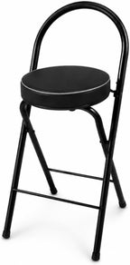 Folding Bar Stool with Backrest Counter Height Chair Padded Seat Cushion Space Saving Foldable Stool for Kitchen Island Extra Portable Indoor Seating(Black,25.6" Seat Height (65cm))