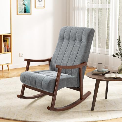 AVAWING Rocking Chair, Dark Grey Upholstered High Back Solid Wood Armchair | Soft Fabric Padded Seat; Sturdy Solid Wood Frame; Ergonomic High Back; For Adults; Easy Assembly; Living Room Bedroom Leisure