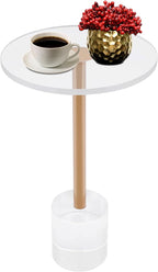 Modern Side Table with Cylindrical Base, Clear Acrylic End Table, Brushed Brass Metal Side Table for Office Living Room and Bedroom (Medium Round Base)