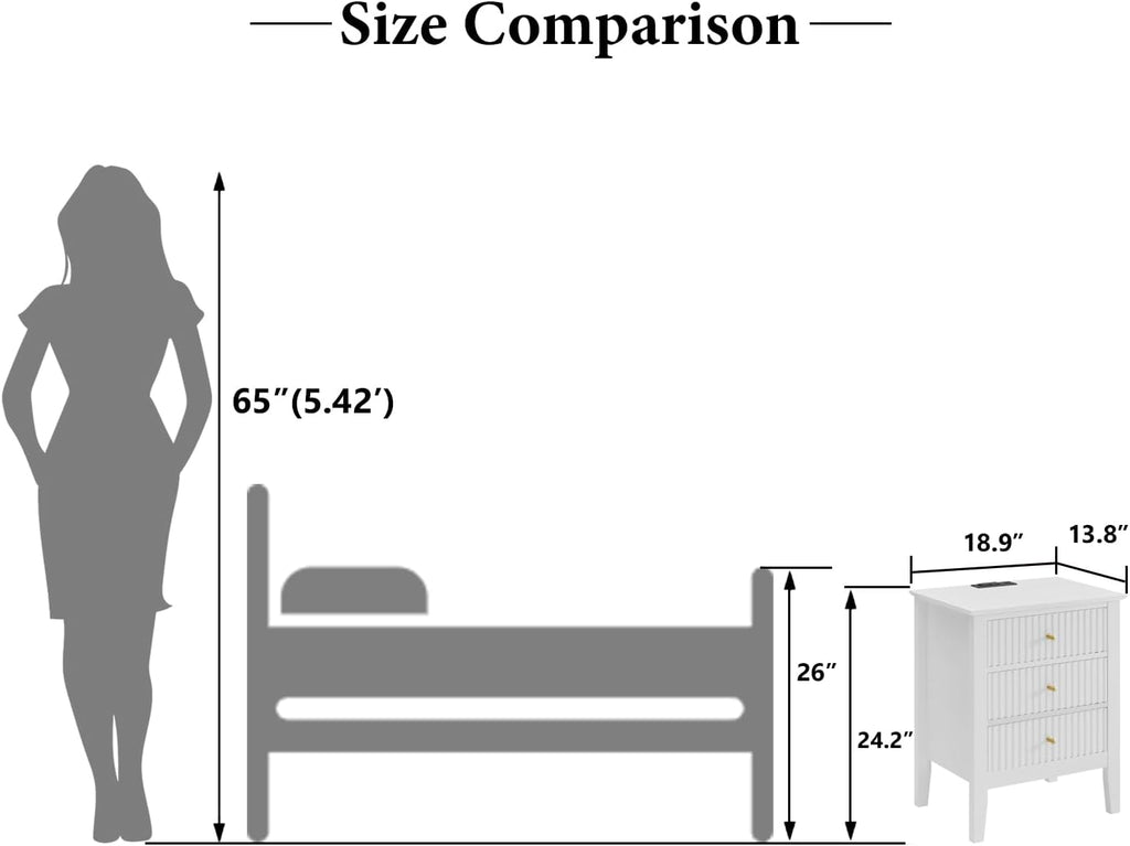 OCANDO White Bed Side Table with 3 Drawers 19" W, Bedroom Nightstand 24" H,Vintage Modern Night Stand with USB Ports,Living Room Fluted End Bedside Tables