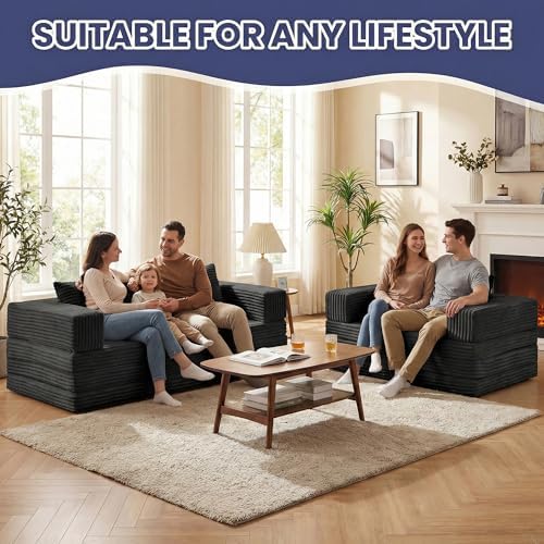 Convertible Sofa Bed, 4-in-1 Loveseat with Removable Armrests Backrest, Corduroy Futon Couch Bed with Pillow, Foldable Mattress Sleeper Sofa for Living Room Bedroom Small Place (Black)