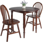 HomeStock Rustic Retreat 3 Piecec Drop Leaf Solid Wood Round Dining Table with Rustic Retreat Chairs - 35.98W x 35.98D x 30.08H Walnut