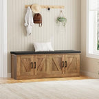 HOMSHO Farmhouse Shoe Storage Bench with 4 Barn Doors & Padded Seat Cushion | 47.2" Wide Entryway Bench with Adjustable Shelves & Hidden Storage, Rustic Walnut