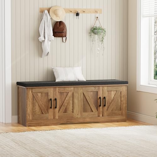 HOMSHO Farmhouse Shoe Storage Bench with 4 Barn Doors & Padded Seat Cushion | 47.2" Wide Entryway Bench with Adjustable Shelves & Hidden Storage, Rustic Walnut