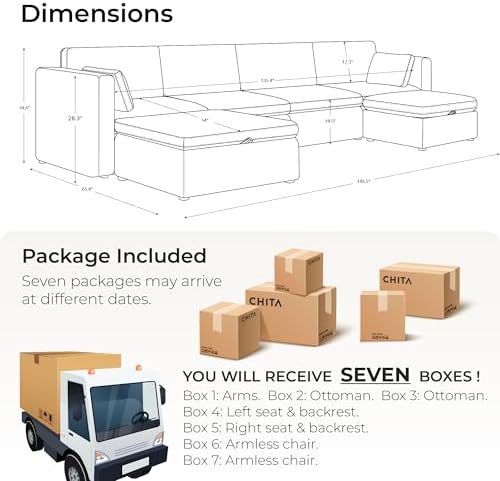 CHITA Oversized Modular Sectional Fabric Sofa Set, Extra Large U Shaped Couch with Reversible Chaise, 146 inch Width, 6 Seat Modular Sofa with Storage Ottamans, Grey | Oversized Modular Sectional Sofa Set, FSC Certified, U Shaped Couch, with Reversible