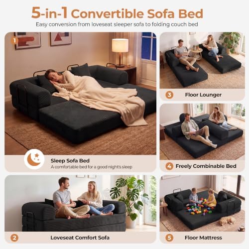 79" Convertible Futon Sofa Bed, Couch for Living Room | Corduroy Loveseat Sleeper Sofa, Modular Futon Couch with Fixed-Shape Frame, Pull Out Couch No Assembly | Black