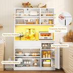 TEENFON Pantry Cabinet with Charging Station and LED Light, Kitchen Pantry Cabinet with Microwave Stand, Kitchen Storage Cabinets with Adjustable Shelves and Door Shelves for Dining Room, White