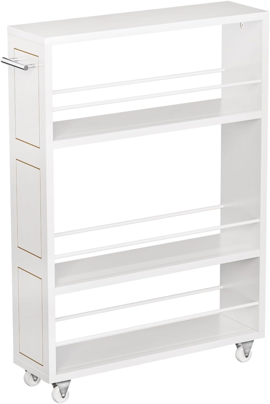 KLM 4 Tier White Slim Storage Cart with Handle, Slide Out Storage Rolling Utility Cart for Kitchen, Laundry, Narrow Places-6.7" W