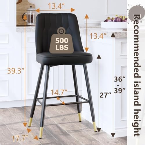 Bar Stools Set of 4,Counter Height Bar Stools with Back,Modern Faux Leather Kitchen Stools,27"Black Bar Stool with Stable Metal Leg,Armless Counter Height Chair for Kitchen Island Coffee Corner
