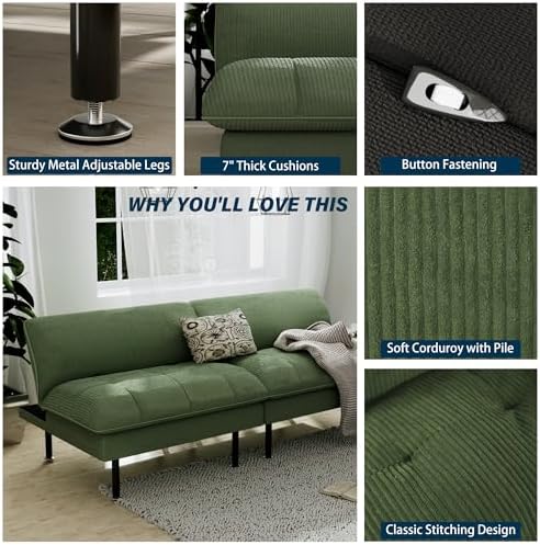 Ribilake 70" Futon Sofa Bed, 4 in 1 Multi-Function Couch Sleeper with Adjustable Backrest, Modern Convertible Futon, Recliner Small Loveseat for Living Room, Dorm, Green