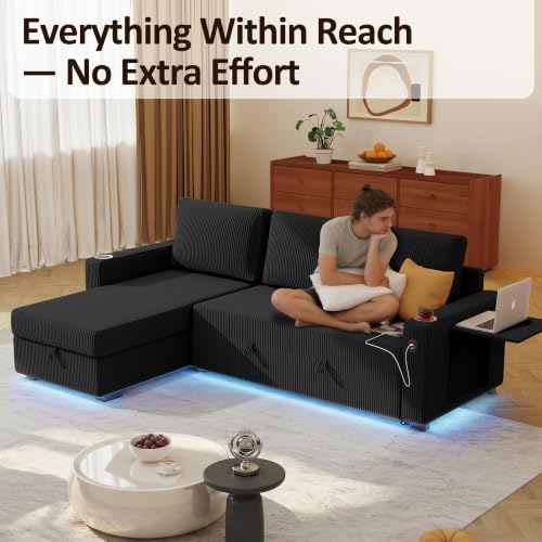 Ball & Cast 80" Sectional Sleeper Sofa Bed Pull Out Couches for Living Room | L Shaped Convertible Pull Out Sofa Bed with Storage Chaise, LED Lights, Foldable Table, USB Ports, Cup Holder and Side Pocket