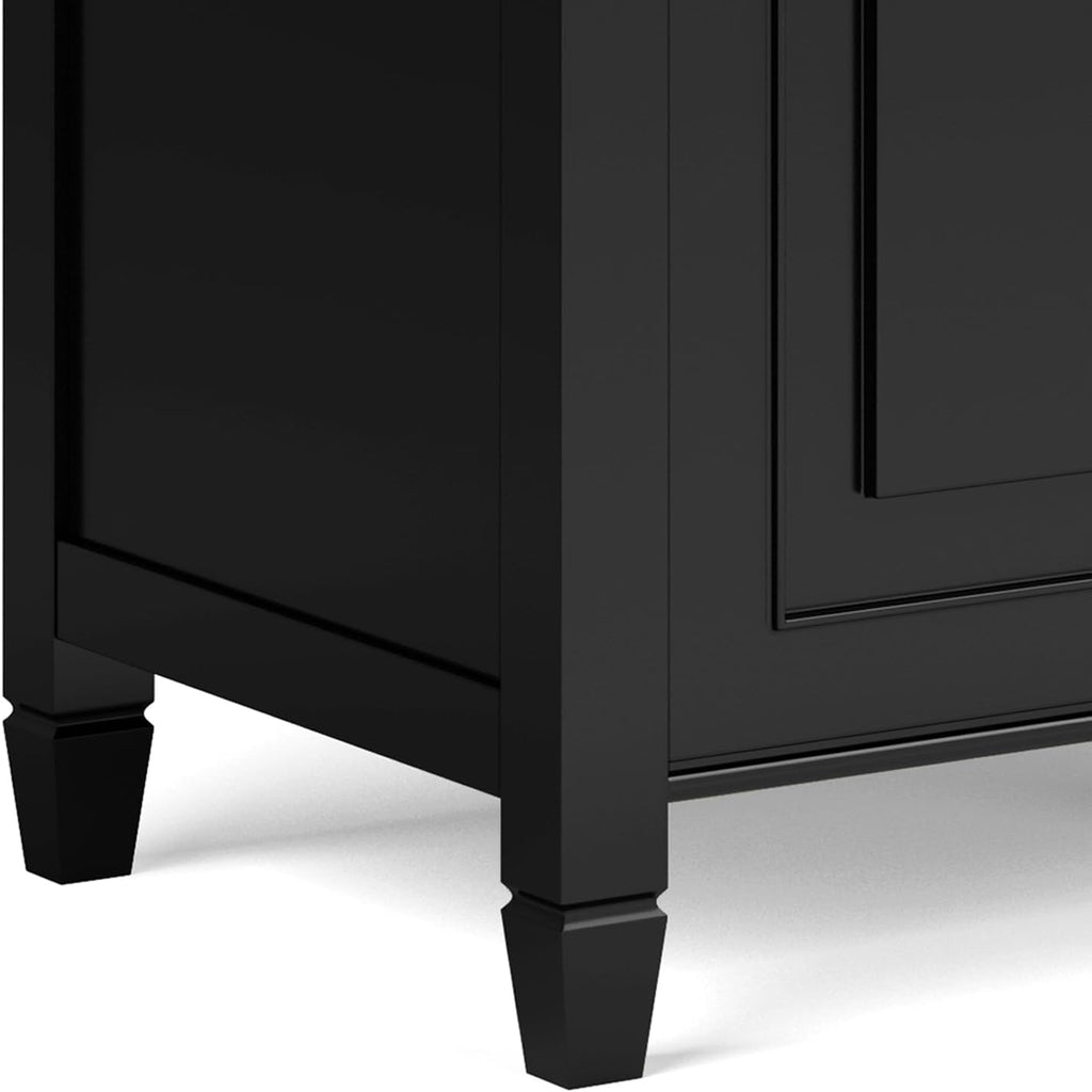 SIMPLIHOME Connaught 51" Wide Solid Wood Trunk Bench in Black | Traditional entryway bench with lift-up lid and 3 hidden compartments; mudroom, hallway, shoe or trunk bench.