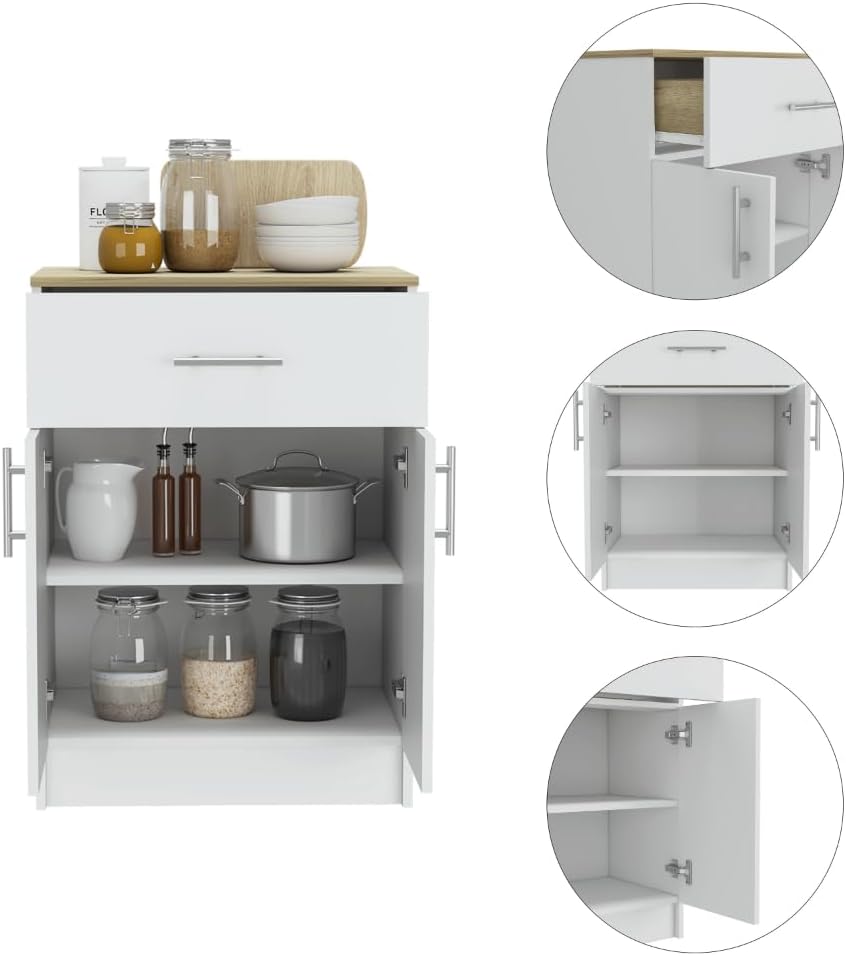 Pantry Organizer Cabinet 33" H,Buffet Kitchen Sideboard,One Drawer,Two Interior Shelves,Two Doors,White,Light Oak