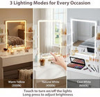 Furmax Vanity Desk with Mirror and LED Lights, White with Bench | Makeup Vanity Table with 3 Lighting Color, Adjustable Brightness, Vanity Table with 2 Drawers, Side Storage, for Bedroom