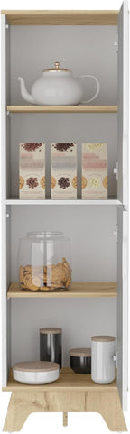 Single Kitchen Pantry Wallas, Four Shelves, Two Doors, Light Oak/White Finish