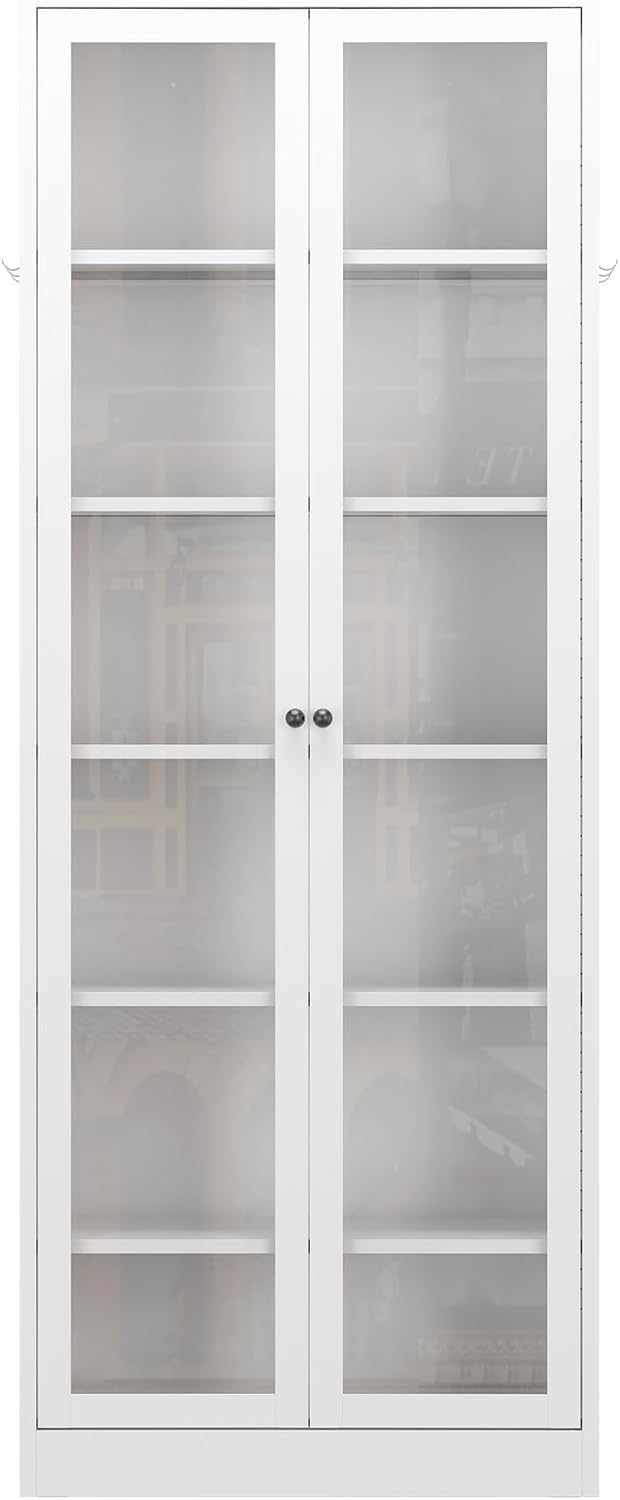 Metal Kitchen Pantry Cabinet – 72" Tall Storage with 5 Adjustable Shelves, White Freestanding Cabinet for Kitchen/Pantry/Bathroom – Heavy Duty Steel Frame, Glass Door