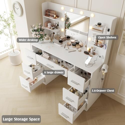 YESHOMY Vanity Desk with Mirror, Outlet, 10 Lights & 7 Drawers,Pure White | Lighted Mirror with 3 Color Modes,Makeup Table,Large Storage Capacity,Available for bedroom