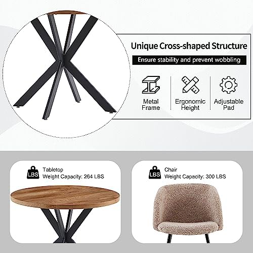 NORDICANA 5 Piece Dining Table and Chair Set, 37-Inch Engineered Wood Round Table Set, Light Brown Fuzzy Sherpa Armchairs with Black Metal Leg for Small Spaces