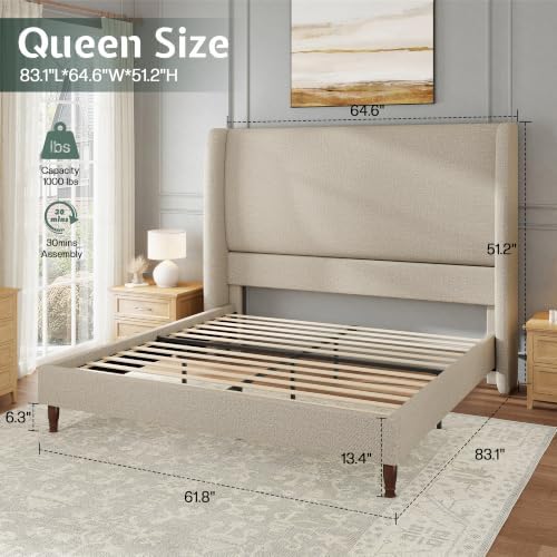 Jocisland Queen Bed Frame Linen Upholstered Wingback Headboard, Brown
