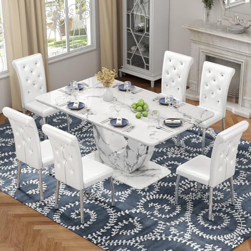 Modern Faux Marble Dining Table Set for 6, 63" White Rectangular Kitchen Table with Elegant U-Shaped Pedestal Base & 6 Tufted Upholstered High-Back Chairs, Luxury 7-Piece Dining Room Furniture Set