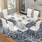 Modern Faux Marble Dining Table Set for 6, 63" White Rectangular Kitchen Table with Elegant U-Shaped Pedestal Base & 6 Tufted Upholstered High-Back Chairs, Luxury 7-Piece Dining Room Furniture Set