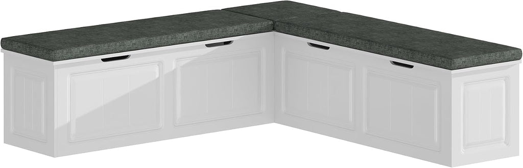L-Shaped Corner Storage Bench with Cushion, Kitchen Breakfast Nook Entryway Bench with Hidden Space and Shoe Storage, Corner Banquette Benches for Dining Room, Living Room, White & Grey