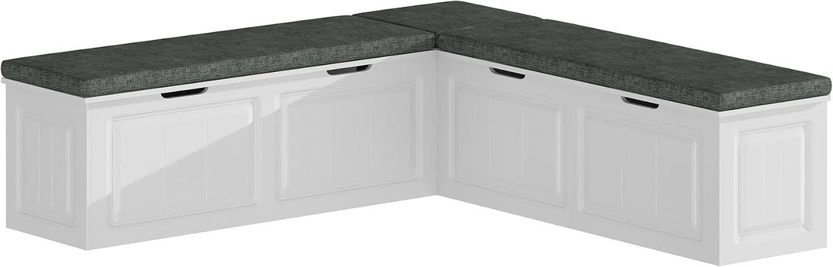 L-Shaped Corner Storage Bench with Cushion, Kitchen Breakfast Nook Entryway Bench with Hidden Space and Shoe Storage, Corner Banquette Benches for Dining Room, Living Room, White & Grey