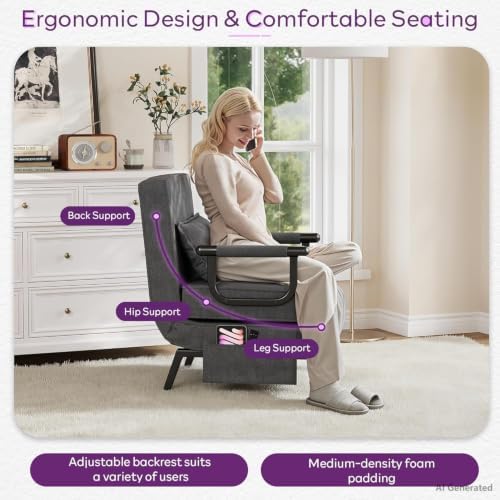 TYBOATLE Sleep Chair Bed Set of 2, Comfy Convertible Sleeper Chairs for Adults, Folding Sofa Bed with Adjustable Backrest & Side Pockets & Pillow, Cozy Small Couch for Small Spaces, Office (Dark Grey)