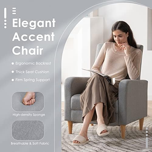 COLAMY Mid-Century Modern Upholstered Accent Chair with Back Pillow & Solid Wood Legs, Fabric Cozy Armchair for Living Room, Bedroom, Reading Nook, Apartment & Small Spaces, Lightgrey