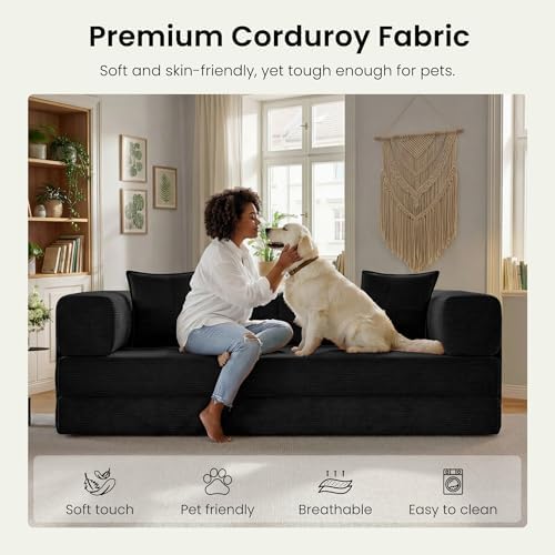 78.8" Convertible Futon Sofa Bed, Couch for Living Room | Corduroy Loveseat Sleeper Sofa, Modular Futon Couch with Storage Pocket, Pull Out Couch No Assembly | Black