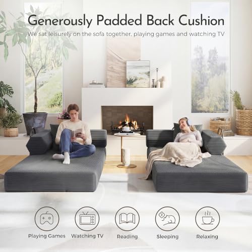 79" Convertible Futon Sofa Bed, Couch for Living Room | Dark Gray | Modular Sleeper Sofa, Corduroy Pull Out Floor Couch Loveseat with Fixed-Shape Frame, No Assembly
