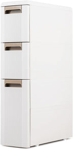 Giantex 3-Tier Narrow Storage Cabinet, Slim Rolling Cart with 3 Drawers & 2 Removable Dividers, Plastic Storage Organizer with Wheels for Small Spaces Bathroom Kitchen