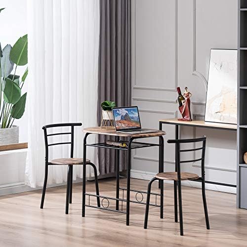 VINGLI 3 Piece Dining Set, Small Kitchen Table Set for 2, Breakfast Table Set, Kitchen Wooden Table with 2 Chairs for Small Space/Dining Room/Apartment, Metal Frame, Wine Rack, Burnt Brown