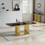 7-Piece Dining Table Set for 6, 68" Black Marble Kitchen Table with 6 Black Chairs,Modern Rectangle Dinner Table and Chairs Set with Double Column Stainless Steel Legs for Kitchen & Dining Room