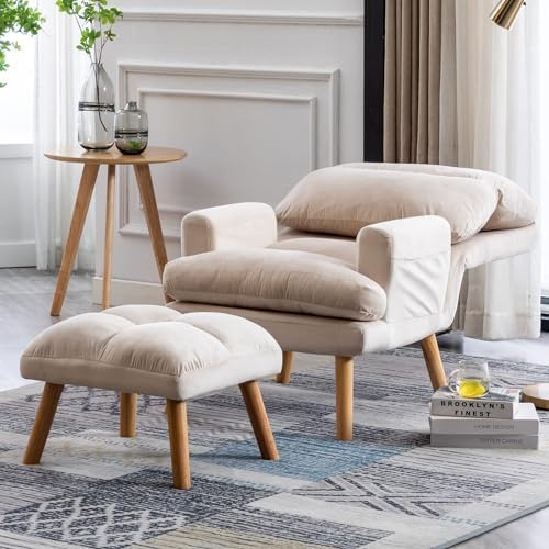 CANMOV Modern Accent Chair with Ottoman Set of 2, Soft Fabric Armchair with Adjustable Backrest and Side Pockets, Comfy Lounge Chair for Living Room, Bedroom, Apartment, Office, Beige