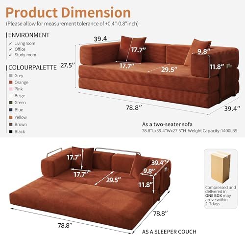 78.8" Couch for Living Room, Futon Sleeper Sofa Bed | Convertible Sofa Bed, Corduroy Pull Out Couch Loveseat with Storage Pocket, Modular Design, No Assembly, Orange