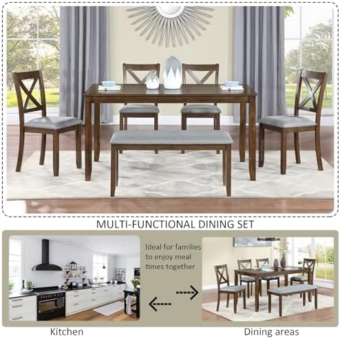 Harper & Bright Designs 6-Piece Dining Table Set with 4 Chairs and Bench, Modern Wood Kitchen Table Set for Dining Room, Breakfast Nook or Small Spaces, Walnut