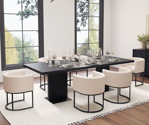 HNY Mid Century Modern Upholstered Barrel Dining Chairs with Arms Set of 2, Linen Kitchen & Dining Room Chairs, 18.5" Wide Accent Chair for Dining Room Living Room with Black Metal Frame, Cream