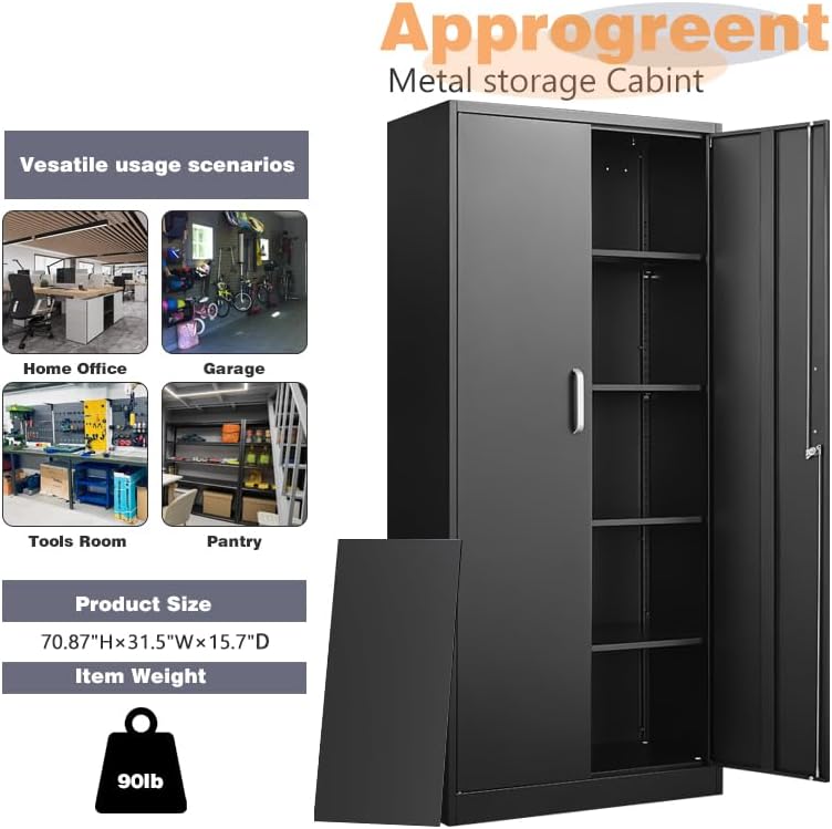 Approgreent Metal Storage Cabinet with Adjustable Shelves, Garage Cabinet with 2 Lockable Doors, Garage Storage Cabinet, Kitchen Pantry Cabinet - 71'H, Black