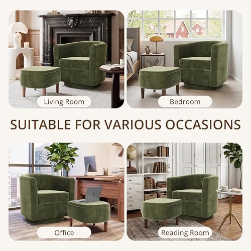 360° Swivel Accent Chair with Storage Ottoman | Small Modern Velvet Barrel Chair, Upholstered Armchair with Footrest for Living Room/Reading/Bedroom, Green