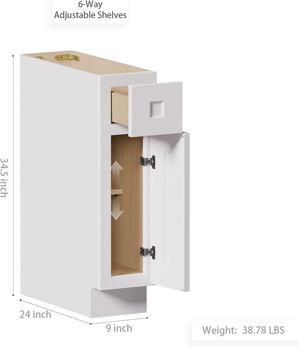 Solid Wood Kitchen Base Cabinets with Drawers, 9 Inch Wide 24 Deep RTA Storage Organizer with Shaker Doors, Small Cabinet Without Countertop, Easy Assembly for Laundry Room, Home Office-White