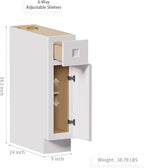Solid Wood Kitchen Base Cabinets with Drawers, 9 Inch Wide 24 Deep RTA Storage Organizer with Shaker Doors, Small Cabinet Without Countertop, Easy Assembly for Laundry Room, Home Office-White