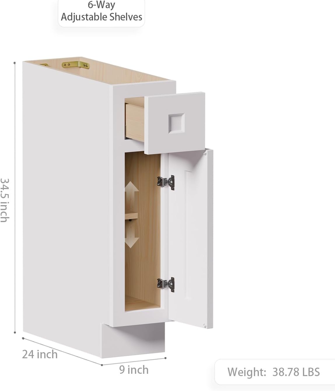 Solid Wood Kitchen Base Cabinets with Drawers, 9 Inch Wide 24 Deep RTA Storage Organizer with Shaker Doors, Small Cabinet Without Countertop, Easy Assembly for Laundry Room, Home Office-White