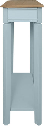 East at Main Marnie Blue Narrow Console Table for Entryway with Drawer | 23.75-inch slim hallway table with lower shelf, powder blue and natural wood finish, coastal furniture for small spaces