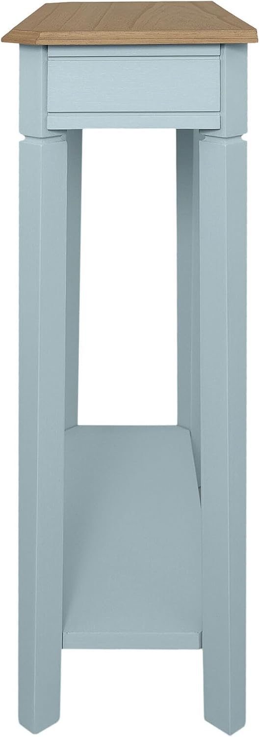 East at Main Marnie Blue Narrow Console Table for Entryway with Drawer | 23.75-inch slim hallway table with lower shelf, powder blue and natural wood finish, coastal furniture for small spaces