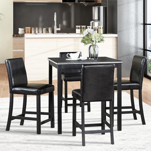 LUMISOL Dining Table Set for 4, Solid Wood Counter Height Kitchen Table Set with 4 Upholstered Chairs, Farmhouse Table and Chairs for Kitchen, Dining Room, Home Bar, Black