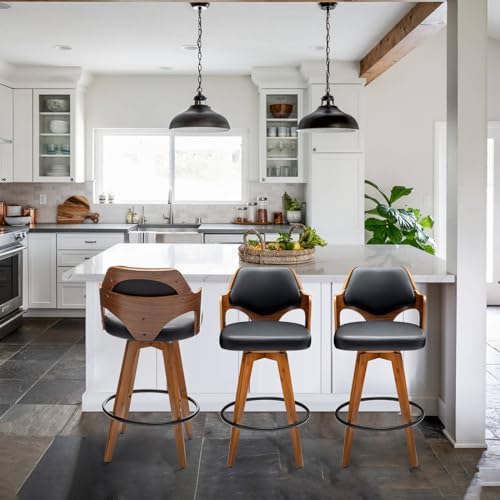 MEKLIBA Swivel Bar Stools Set of 2,30 Inch Bar Height Bar Stools,Upholstered Bar Chair with Bamboo Legs,Low Back Bar Stool for Kitchen Island (Black-PU)