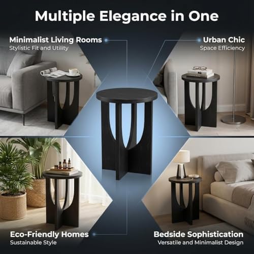Stupa Solid Wood End Table – 22" Tall Round Side Table for Living Room or Bedroom, Handcrafted Accent Table in Distressed Black Finish, Easy Assembly, Modern Minimalist Design for Small Spaces